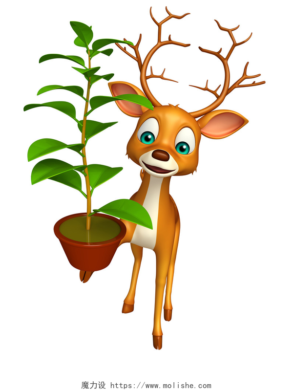 白色背景上的小鹿与植物3D渲染图乐趣与植物鹿卡通人物 